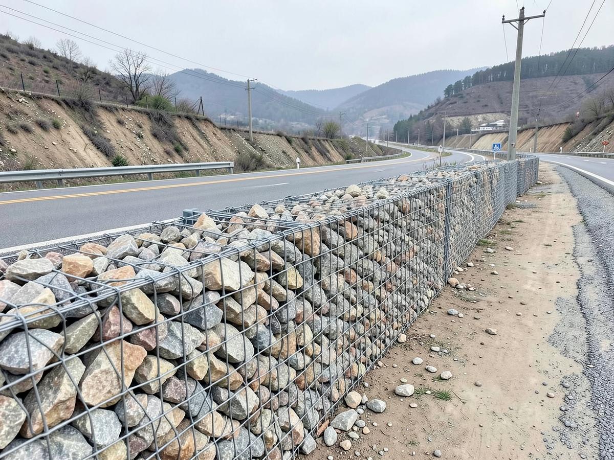 Gabion retaining wall of double-twisted wire mesh along a highway embankment