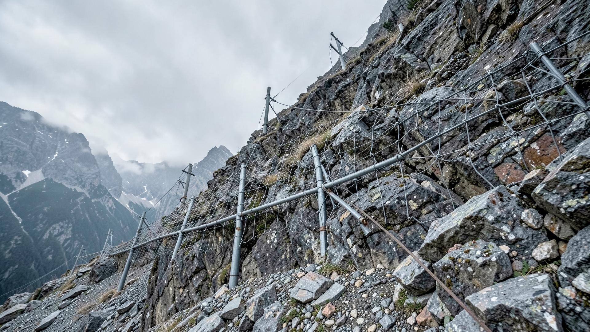 High-tensile steel ring net rockfall barrier installed on an alpine rock slope
